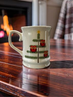 Signature Cream Mug with Green Tree and Red Owl Accents Holiday Hoot BT10